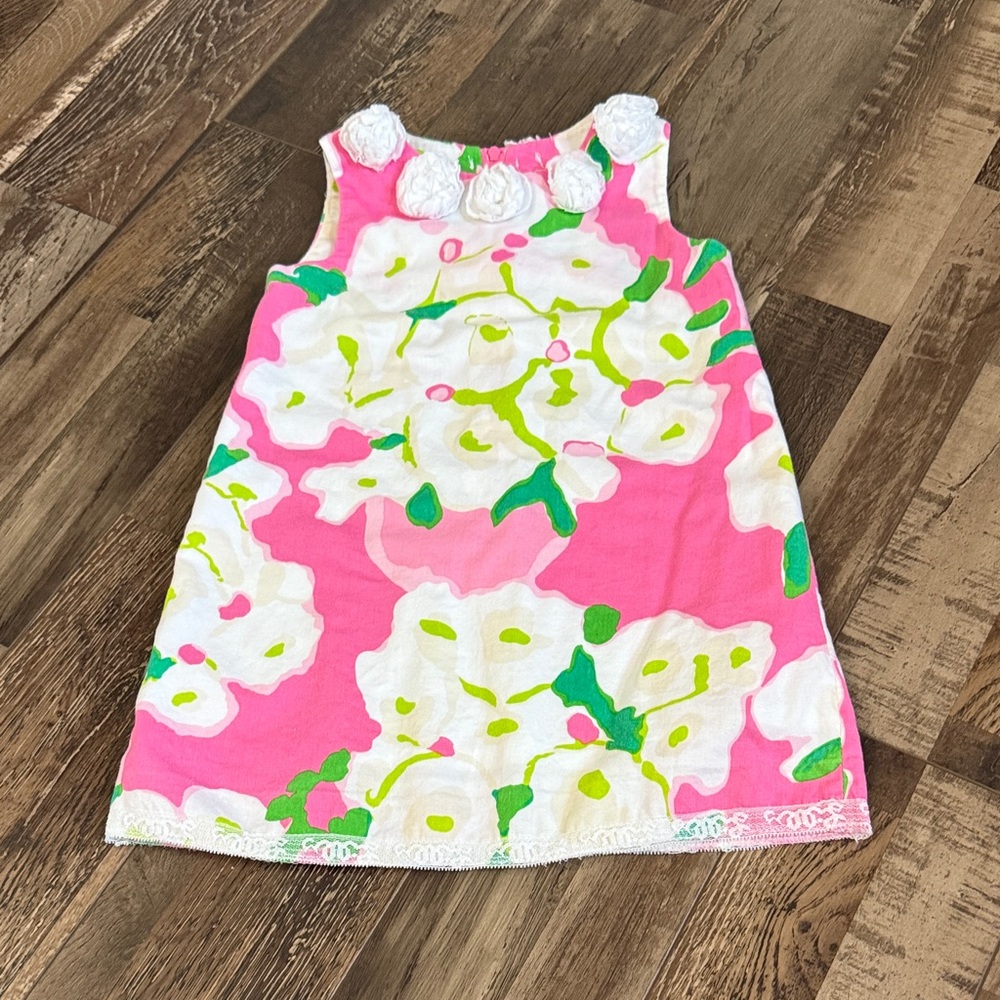 Lilly Pulitzer Pink and Green Floral Dress with White Rosette Accents
